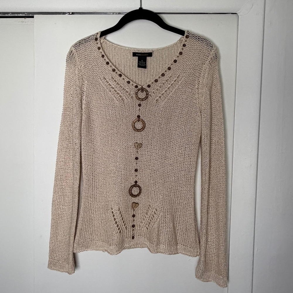 BCBGMaxazria Cream Knit V-Neck Sweater Long Sleeve Wood Beaded Detail Small